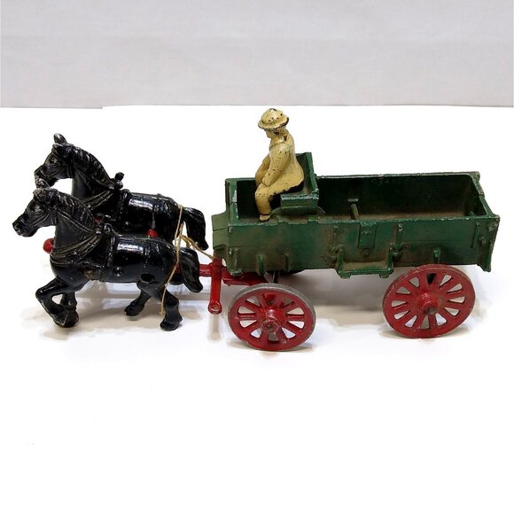 Stanley Toy Co. Horse Drawn Farm Hay Work Cast Wagon w/Driver Toy Original Paint - Picture 1 of 13
